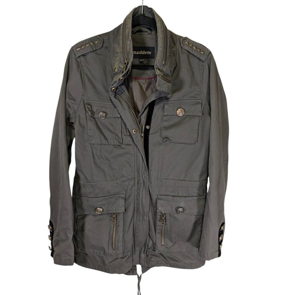 Madden NYC Jacket Olive Green Full Zip Military Style Coat Women's Size Medium